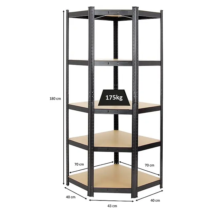 Eckregal Ragnar | HxBxT 180x70x40 cm | Fachlast 175kg | Schwarz -  - Schwarzmetall-Eckregal mit fünf hellbraunen Böden, 180 cm hoch, 175 kg Traglast pro Boden.