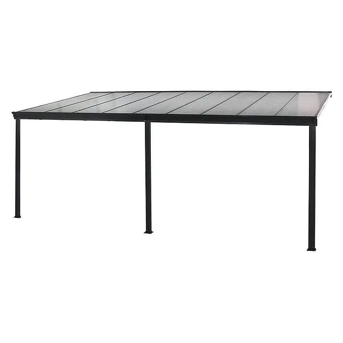 HOME DELUXE - Terrassenüberdachung SOLIS | Farbe: Grau, Größe: 557 / 564 x 303 / 300 x 278 / 226 cm -  - Schwarze Metallpergola mit durchscheinendem grauem Plattendach, als freistehender Outdoor-Unterstand.