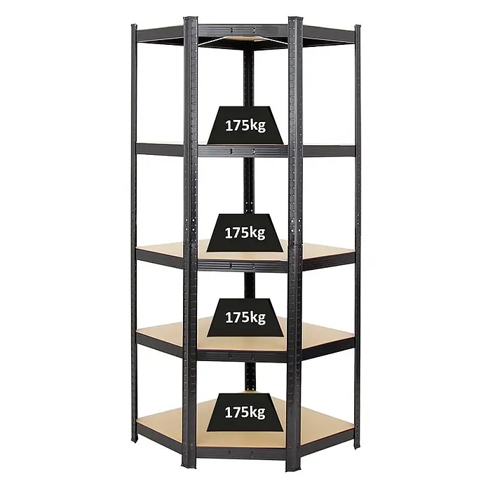 Eckregal Ragnar | HxBxT 180x70x40 cm | Fachlast 175kg | Schwarz -  - Schwarzes Metalleckregal mit 5 Fachböden, jeder belastbar bis 175kg.