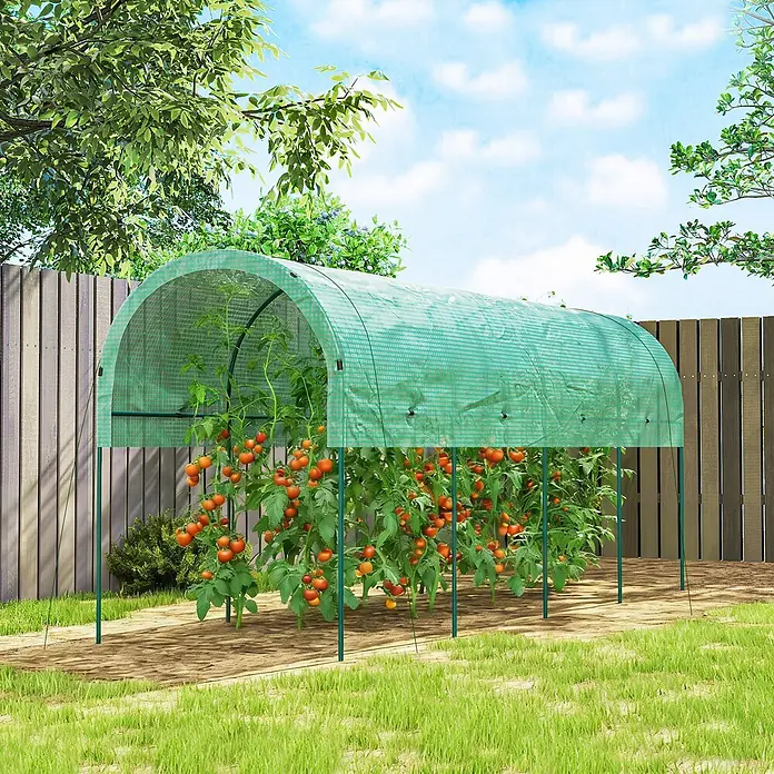 Furnicato Gewächshaus - 120 x 400 cm, Material Seitenwand: Edelstahl, 14 mm, grün - Grüner Maschen-Gewächshaustunnel schützt Tomatenpflanzen im Garten.