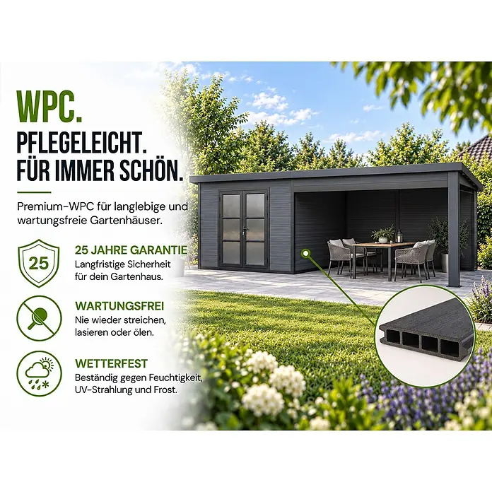 WPC Gartenhaus mit Terrasse  Lounge XL, 20.15 m² Grundfläche -  - Dunkelgraues WPC-Gartenhaus mit integrierter Terrasse, langlebig, wartungsfrei und wetterfest.