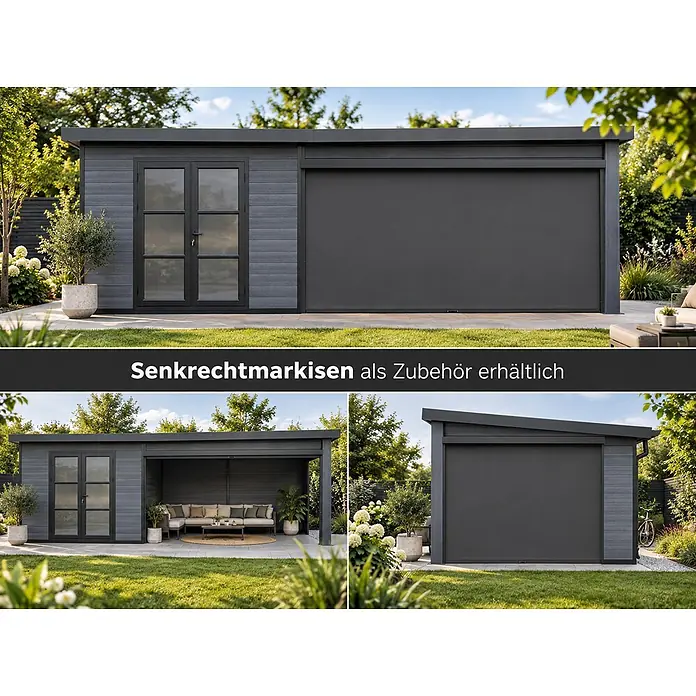 WPC Gartenhaus mit Terrasse  Lounge XL, 20.15 m² Grundfläche -  - Modernes graues Gartenpavillon mit Doppeltüren und dunkelgrauen Senkrechtmarkisen für den Außenbereich, in offenen und geschlossenen Ansichten.