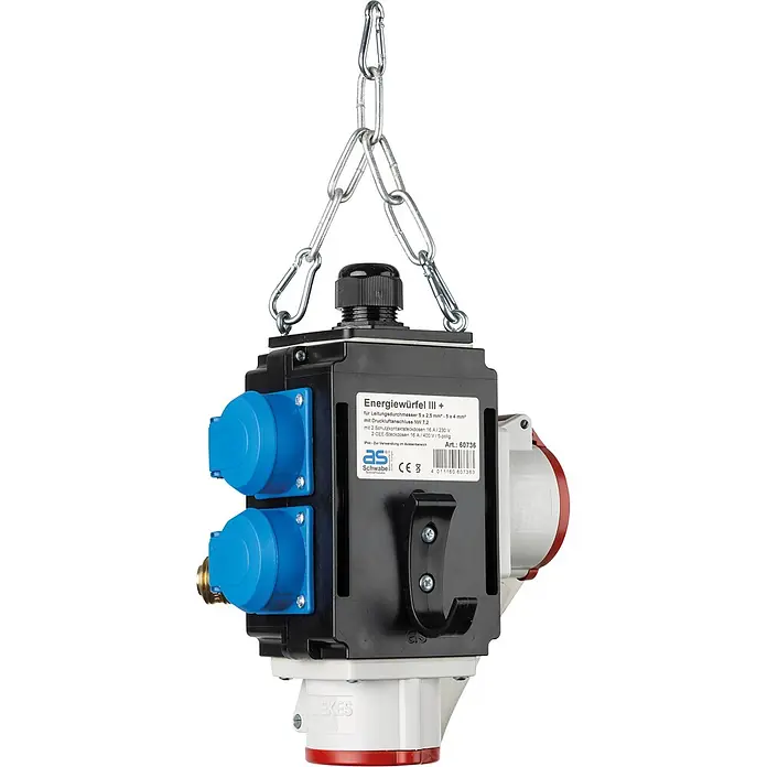 as - Schwabe MIXO Hängeverteiler 2x Schuko 1x Druckluft 2x CEE 16A IP44 -  - Schwarzer und blauer Energiewürfel mit mehreren Steckdosen und Druckluftanschluss, an einer Metallkette hängend.