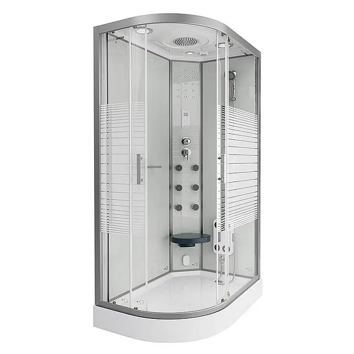 Home Deluxe Komplettdusche WHITE PEAR - Weiß - Moderne Eckduschkabine mit mattierten Glastüren, silbernem Rahmen, Multi-Jet-Duschpaneel, Handbrause und integriertem Sitz.