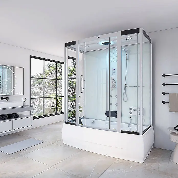 Home Deluxe Komplettdusche DIAMOND - Weiß - Weiße Duschkabine mit Klarglas und schwarzen Akzenten, inklusive Badewanne, in einem modernen Badezimmer.