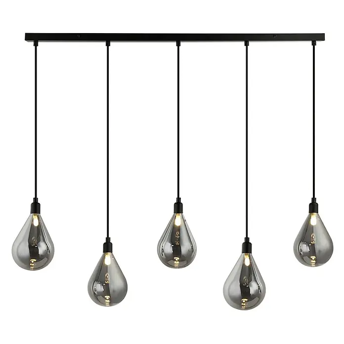HOME DELUXE Hängeleuchte aus Glas CELIA Rauchgrau - 5-flammig -  - Lineare Pendelleuchte mit fünf rauchfarbenen Tropfenbirnen an einer schwarzen Stange.