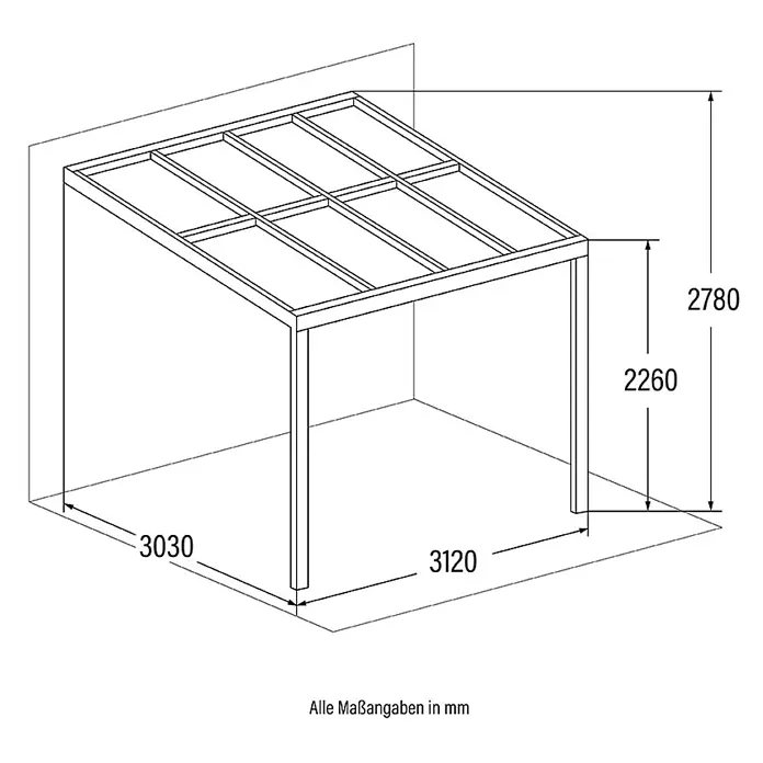 HOME DELUXE - Terrassenüberdachung SOLIS | Farbe: Grau, Größe: 312 / 320 x 300 / 303 x 278 / 226 cm -  - Linienzeichnung einer Pergola oder eines Carports mit Maßen: 3030mm Tiefe, 3120mm Breite, vordere Höhe 2260mm, hintere Höhe 2780mm.