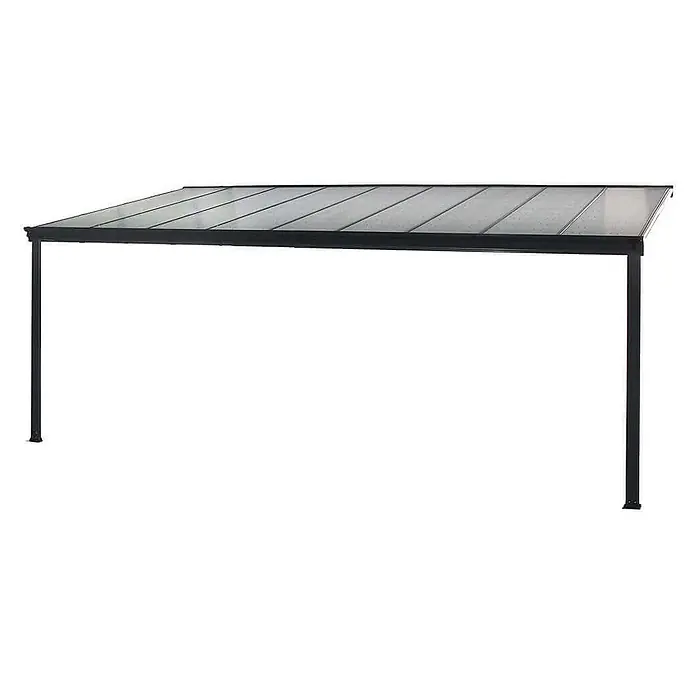 HOME DELUXE - Terrassenüberdachung SOLIS | Farbe: Grau, Größe: 312 / 320 x 300 / 303 x 278 / 226 cm -  - Schwarz gerahmtes Terrassendach mit durchscheinenden, schrägen Dachpaneelen, gestützt von zwei Pfosten.