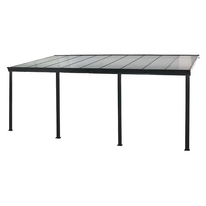 HOME DELUXE - Terrassenüberdachung SOLIS | Farbe: Grau, Größe: 625 / 618 x 303 / 300 x 278 / 226 cm -  - Freistehendes Carport aus schwarzem Metall mit transparenten, geneigten Dachplatten, getragen von vier Pfosten.