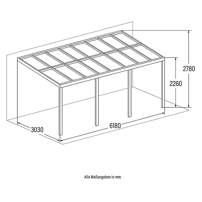 HOME DELUXE - Terrassenüberdachung SOLIS | Farbe: Grau, Größe: 625 / 618 x 303 / 300 x 278 / 226 cm -  - Technische Zeichnung eines Carport-/Pergolagerüsts mit Maßen: Länge 6180mm, Breite 3030mm, vordere Höhe 2260mm, hintere Höhe 2780mm.