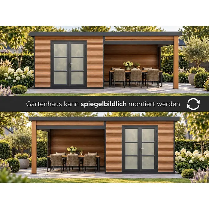 WPC Gartenhaus mit Lounge  FineLine 16,90 m² Teak -  - Zwei Ansichten eines Gartenhauses mit Holzverkleidung und integrierter Terrasse, das die spiegelbildliche Montagemöglichkeit zeigt.
