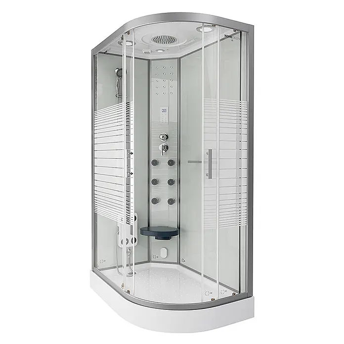 Home Deluxe Komplettdusche WHITE PEARL - Weiß - Moderne Eckdampfduschkabine mit klarem und gemustertem Glas, weißer Basis, Chromarmaturen, Massagedüsen, Regendusche und integriertem Sitz.