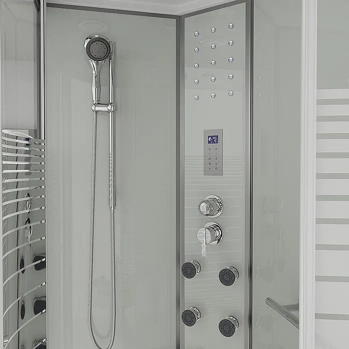 Home Deluxe Komplettdusche WHITE PEARL - Weiß - Moderner Duschkabinen-Innenraum mit verchromter Handbrause, digitalem Bedienfeld und mehreren Massagedüsen.