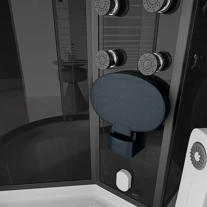 Home Deluxe Dampfdusche BLACK PEARL 100 x 100 cm -  - Duschkabinen-Interieur mit blauem gepolstertem Klappsitz und mehreren grauen Massagedüsen an den dunklen Wandpaneelen.