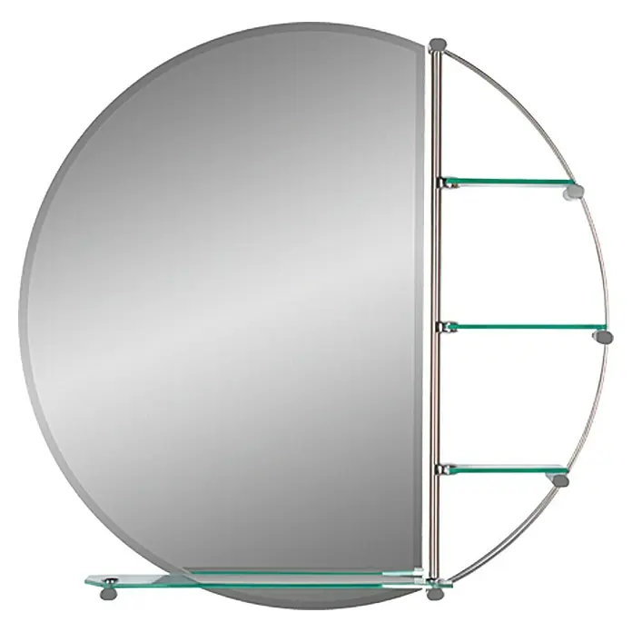 Kristall-Form Ablagespiegel Jaques - Durchmesser: 80 cm - Runder Spiegelschrank mit Glasböden für Badezimmerutensilien, ideal zur stilvollen Aufbewahrung von Kosmetik und Accessoires im Bad.