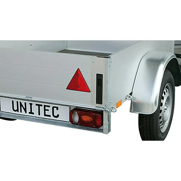 UniTEC Reflektor - 15 x 15 cm - Nahaufnahme eines UNITEC Anhängers mit Rückleuchten und einem roten Dreieck.