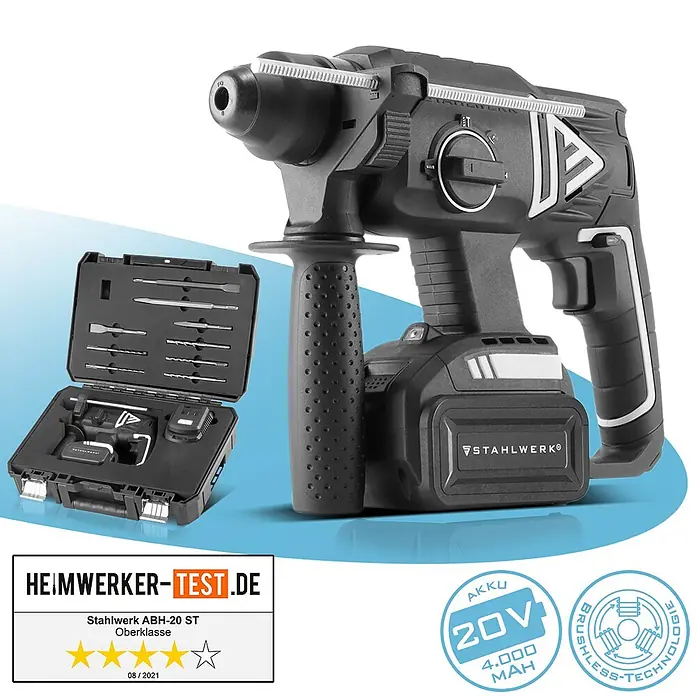 STAHLWERK Akku Bohrhammer ABH-20ST Brushless 20V/4Ah 0 - 1350 min-1 SDS-plus -  - Schwarzer Akku-Bohrhammer mit Akku und offenem Zubehörkoffer.