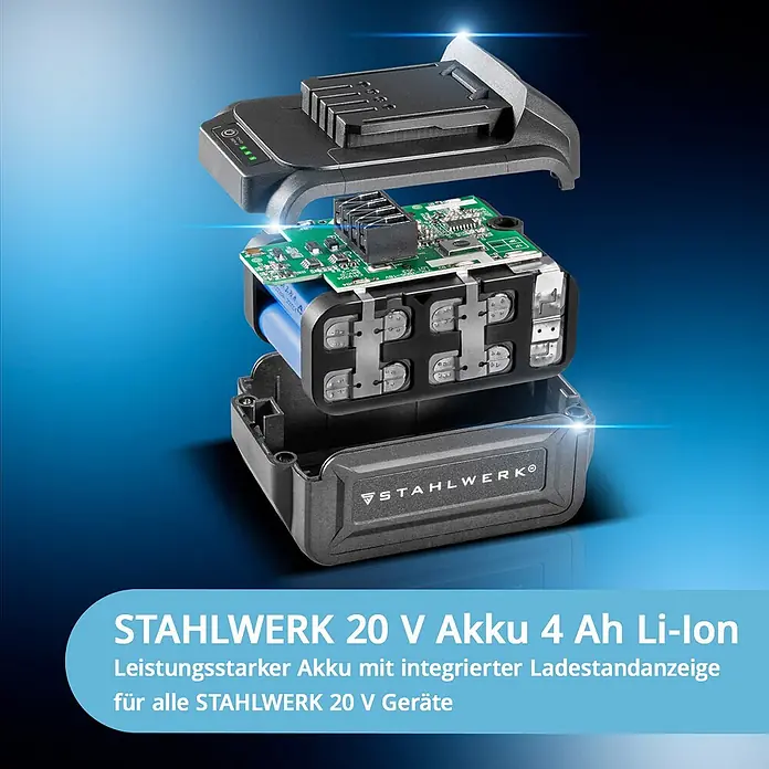 STAHLWERK Akku Bohrhammer ABH-20ST Brushless 20V/4Ah 0 - 1350 min-1 SDS-plus -  - Zerlegter STAHLWERK 20 V 4 Ah Li-Ion Akku, dunkelgraues Gehäuse mit sichtbarer Elektronik und Batteriezellen. Leistungsstarker Akku.