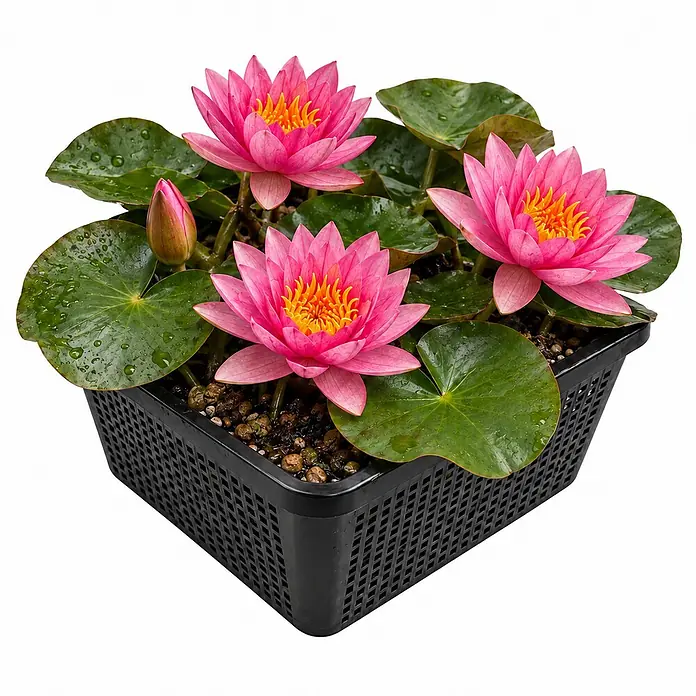 Rosa Seerose - Komplettset - inkl. Korb Substrat Kies & Nahrung -  - Ein schwarzer quadratischer Korb mit mehreren leuchtend rosa Seerosen, gelben Blüten und grünen Blättern, inklusive einer Knospe.