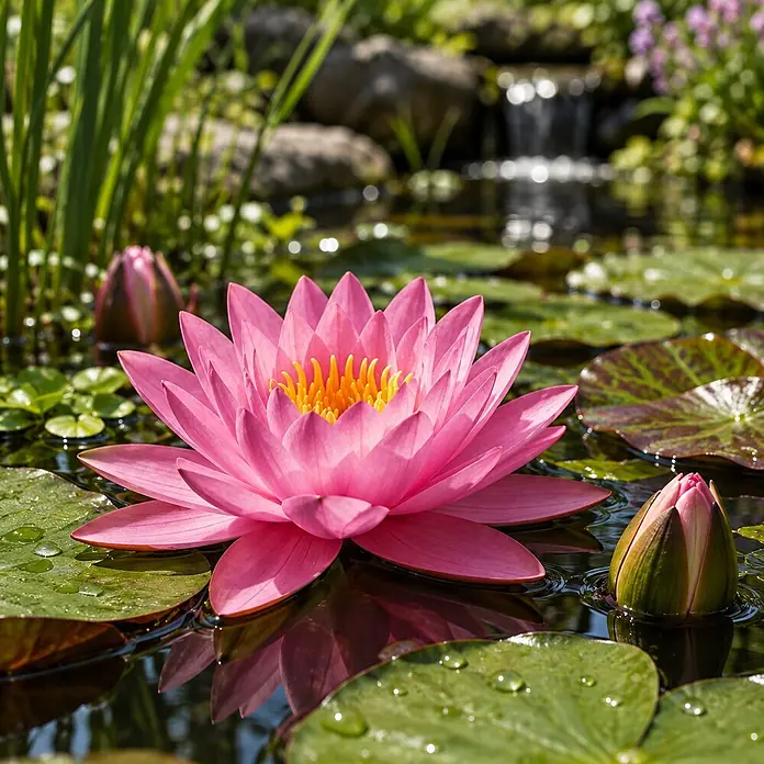 Rosa Seerose - Komplettset - inkl. Korb Substrat Kies & Nahrung -  - Eine leuchtend rosa Seerose mit gelbem Zentrum schwimmt zwischen grünen Seerosenblättern in einem Teich mit einem Wasserfall im Hintergrund.