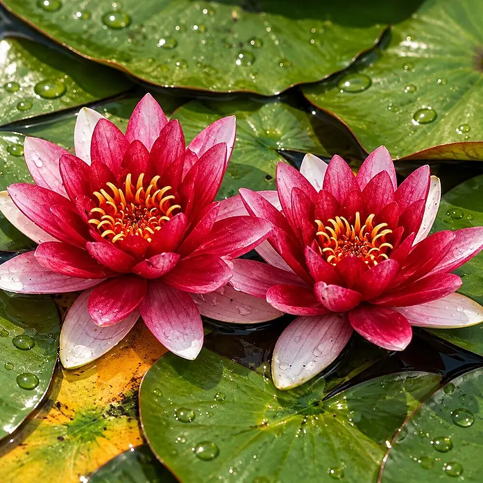 Rote Seerose - Komplettset - inkl. Korb Substrat Kies & Nahrung -  - Zwei rot-rosa Seerosen mit gelben Zentren schwimmen auf einem Teich zwischen grünen Blättern.