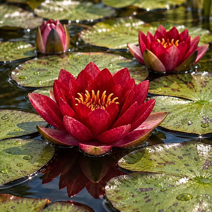 Rote Seerose - Komplettset - inkl. Korb Substrat Kies & Nahrung -  - Lebhafte rote Seerosen mit gelben Zentren schwimmen auf einem Teich mit grünen Blättern und Wassertropfen.