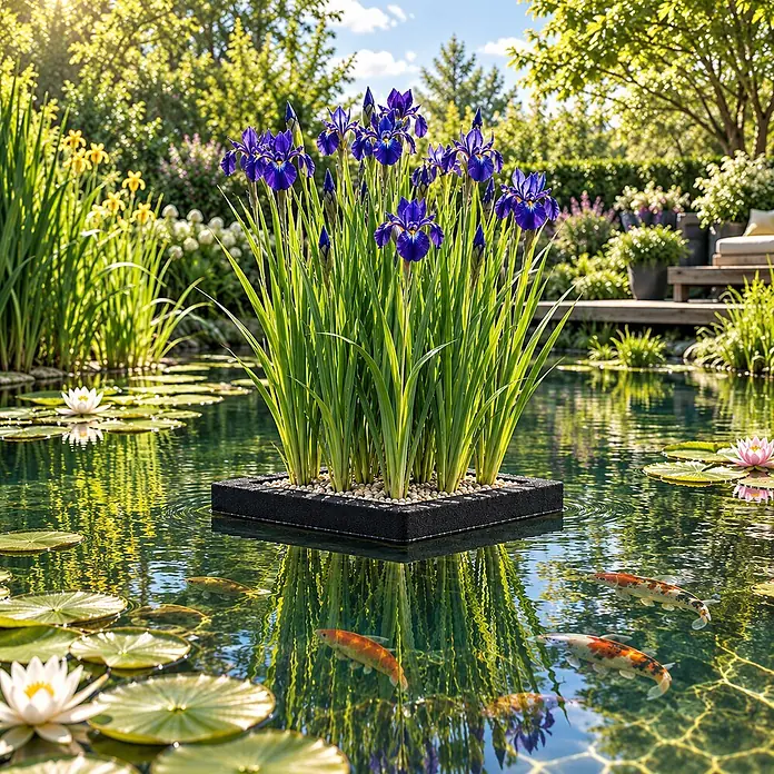 Pflanzeninsel Blaue Iris - 4 Teichpflanzen mit Zubehör - Iris kaempferi -  - Schwarze schwimmende Pflanzinsel in einem Teich, gefüllt mit violetten Iris, verschönert den Wassergarten.