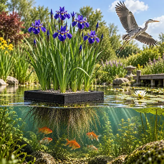 Pflanzeninsel Blaue Iris - 4 Teichpflanzen mit Zubehör - Iris kaempferi -  - Schwarzer schwimmender Pflanzenkorb mit lila Schwertlilien, Wurzeln unter Wasser sichtbar mit Goldfischen im Teich.