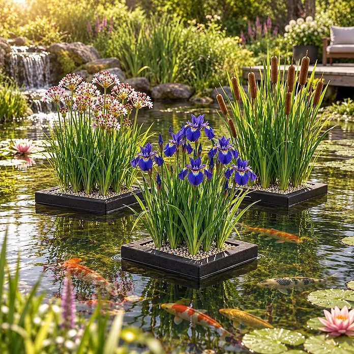 Teich Pflanzeninsel Set 3-teilig - Komplettset mit 12 Wasserpflanzen -  - Drei schwarze, rechteckige Schwimminseln mit Teichpflanzen (Schwanenblume, Iris, Rohrkolben) in einem Teich mit Kois.
