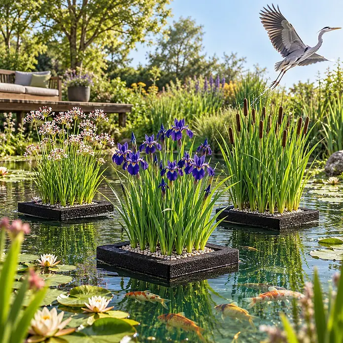 Teich Pflanzeninsel Set 3-teilig - Komplettset mit 12 Wasserpflanzen -  - Schwarze schwimmende Pflanzeninseln in einem Teich, gefüllt mit Wasserpflanzen, Seerosen und Kois.