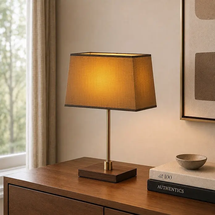 Home Sweet Home Lampenschirm Largo - L x B x H: 19 x 35 x 19 cm, Castlerock, Stoff, Eckig - Rechteckige Stoffschirm-Tischlampe mit goldenem Stiel und dunklem Holzsockel, auf einem Holzschrank neben Büchern.