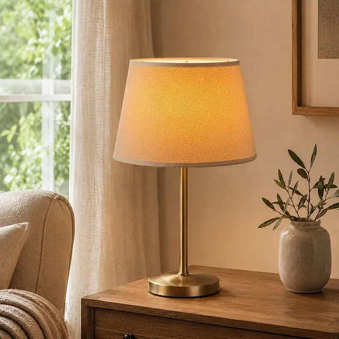 Home Sweet Home Lampenschirm Melrose - Ø x H: 20 x 13 cm, Taupe, Stoff, Rund - Messing-Tischlampe mit beigem Stoffschirm, warmes Licht spendend, auf einem Holztisch.