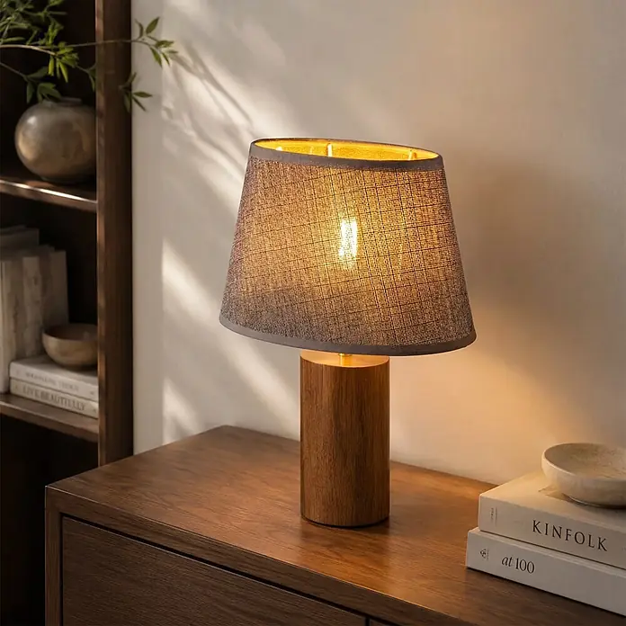 Home Sweet Home Lampenschirm Melrose - Ø x H: 14 x 16 cm, Hellgrau, Stoff, Oval - Eine beleuchtete Tischlampe mit Holzsockel und grauem Stoffschirm steht auf einem Holzschrank.