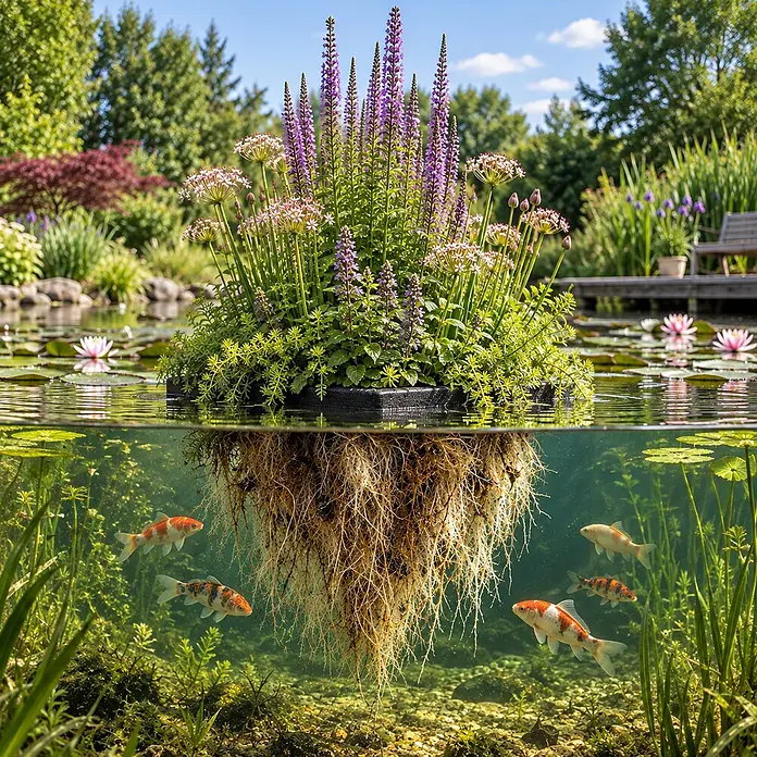 Vdvelde Wasserpflanzen-Mix - Pflanzenmischung, 3 Stk. - Schwarze schwimmende Pflanzeninsel im Teich, mit blühenden Pflanzen oben und langen Wurzeln unter Wasser, dazu Koi-Fische.