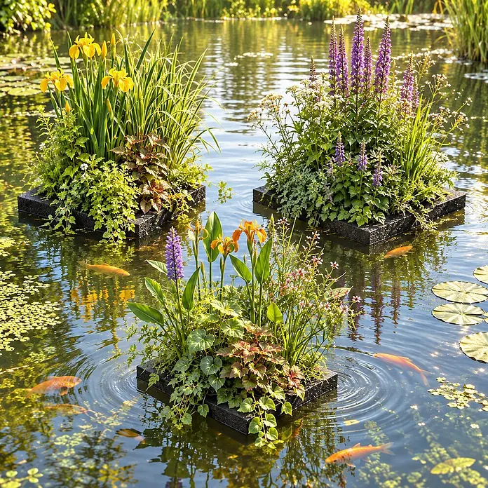 Vdvelde Wasserpflanzen-Mix - Pflanzenmischung, 3 Stk. - Schwarze schwimmende Pflanzgefäße in einem Teich, gefüllt mit lebendigen Pflanzen.
