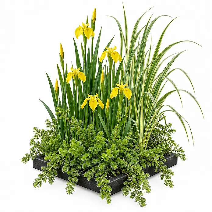 Filterinsel für Teich 25x25 cm - Komplettset mit 4 Wasserpflanzen -  - Ein quadratischer, dunkelgrauer Pflanzkübel enthält eine lebendige Anordnung aus gelben Iris, buntem Gras und einer üppigen Bodendeckerpflanze.