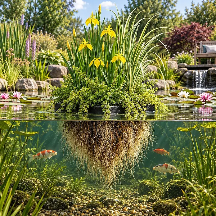 Filterinsel für Teich 25x25 cm - Komplettset mit 4 Wasserpflanzen -  - Schwarzer schwimmender Pflanzenkorb im Teich mit gelben Schwertlilien und Grünpflanzen, Wurzeln und Fischen unter Wasser sichtbar.