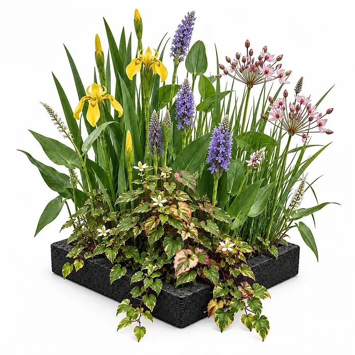 Pflanzeninsel Teich - 4 Sorten Teichpflanzen mit Zubehör - 25x25 cm -  - Rechteckiger schwarzer strukturierter Pflanzkübel, gefüllt mit diversen Wasserpflanzen und farbenfrohen Blüten.