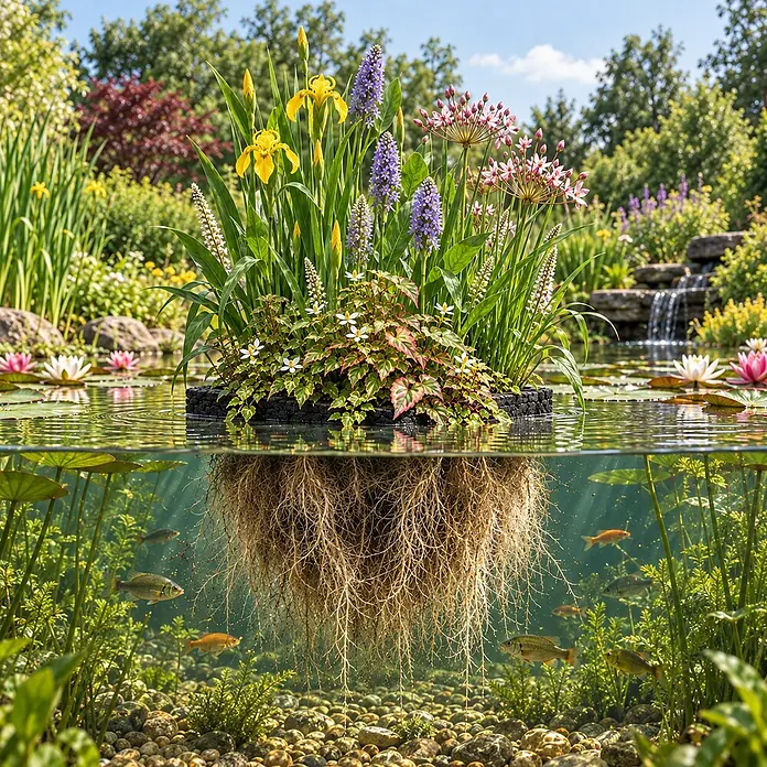 Pflanzeninsel Teich - 4 Sorten Teichpflanzen mit Zubehör - 25x25 cm -  - Eine dunkle schwimmende Teichinsel trägt vielfältige Pflanzen, ihre untergetauchten Wurzeln bieten Fischen im klaren Wasser Lebensraum.