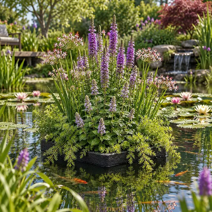 Vdvelde Wasserpflanzen-Mix - Pflanzenmischung, 1 Stk. - Schwarzer schwimmender Pflanzkasten mit lila Blüten und grünem Laub, im Teich schwimmend.
