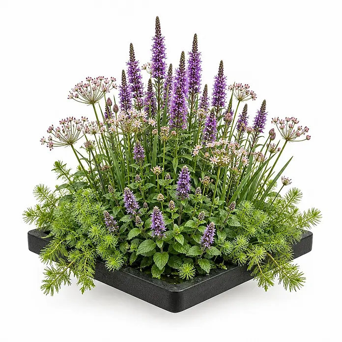 Vdvelde Wasserpflanzen-Mix - Pflanzenmischung, 1 Stk. - Schwarzer, quadratischer Pflanzkübel, gefüllt mit lila und rosa blühenden Blumen und grünem Laub.