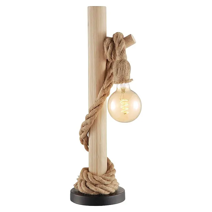 Home Sweet Home Tischleuchte Maritime - 10 W, Beige - Tischleuchte mit hellem Holzpfosten, umwickelt mit Naturseil, mit sichtbarer Spiralglühbirne und dunklem Rundsockel.