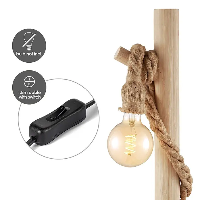 Home Sweet Home Tischleuchte Maritime - 10 W, Beige - Rustikale Lampe aus hellem Holz mit dekorativem Seil und schwarzem Kabel mit Schalter.