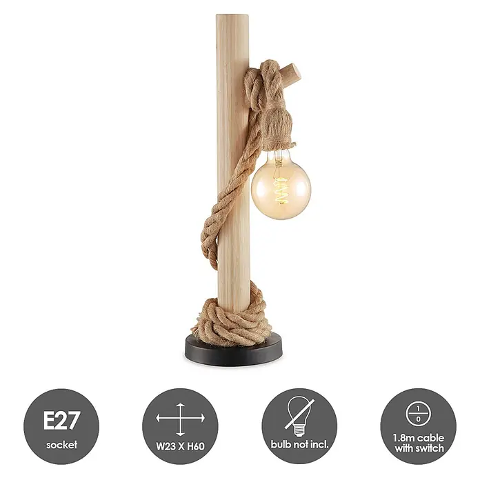 Home Sweet Home Tischleuchte Maritime - 10 W, Beige - Holztischlampe mit Seildetails und einer freiliegenden Glühbirne.
