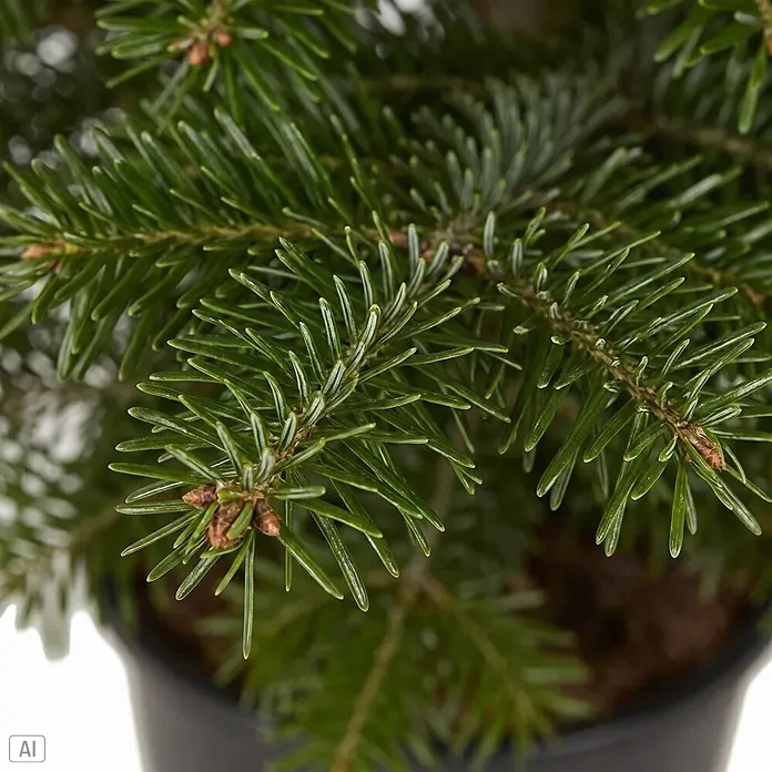 Piardino Nordmanntanne getopft - Abies Nordmanniana, 100 cm - 150 cm, Topfgewachsen - Kleine Topf-Nadelpflanze mit leuchtend grünen Nadeln und kleinen braunen Knospen im schwarzen Topf.