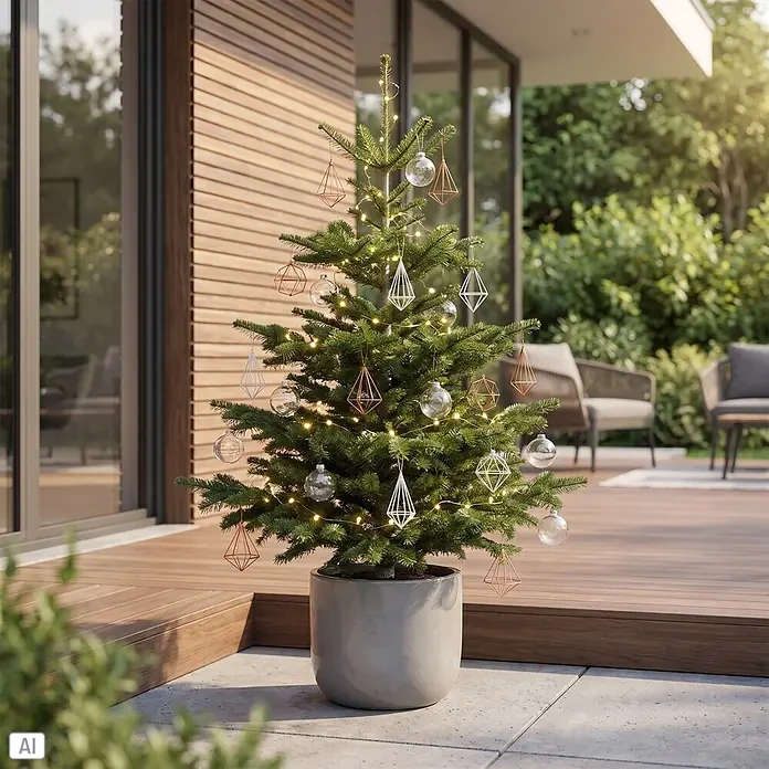 Piardino Nordmanntanne getopft - 80 cm - 100 cm, Abies nordmanniana, Topfgedrückt - Kleiner Topf-Weihnachtsbaum mit warmen Lichtern und geometrischen Kupfer- und Silberornamenten, draußen auf einer modernen Terrasse.