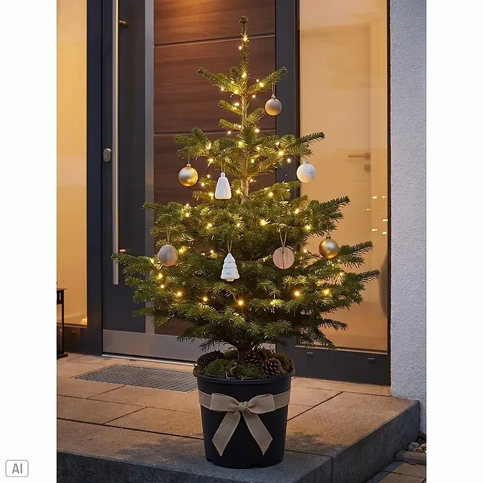 Piardino Nordmanntanne getopft - 80 cm - 100 cm, Abies nordmanniana, Topfgedrückt - Kleiner, dekorierter Weihnachtsbaum im Topf mit Lichterkette und Schmuck, dazu eine Schleife aus Sackleinen, vor einer modernen Haustür.