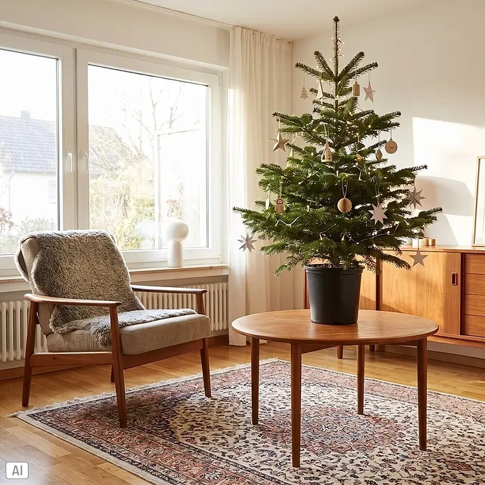 Piardino Nordmanntanne getopft - Abies Nordmanniana, 100 cm - 150 cm, Topfgewachsen - Ein kleiner, geschmückter Weihnachtsbaum in einem schwarzen Topf auf einem runden Holztisch in einem gemütlichen Wohnzimmer.