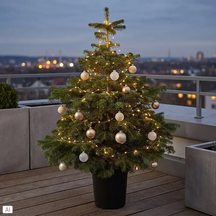 Piardino Nordmanntanne getopft - Abies Nordmanniana, 100 cm - 150 cm, Topfgewachsen - Dekorierter Weihnachtsbaum im Topf mit Lichtern und Kugeln auf einem Balkon mit Stadtblick bei Dämmerung.