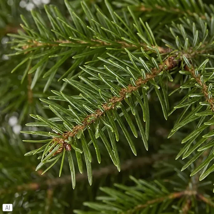 Piardino Nordmanntanne getopft - 80 cm - 100 cm, Abies nordmanniana, Topfgedrückt - Nahaufnahme von leuchtend grünen Tannenzweigen mit spitzen Nadeln und braunen Holzstielen.